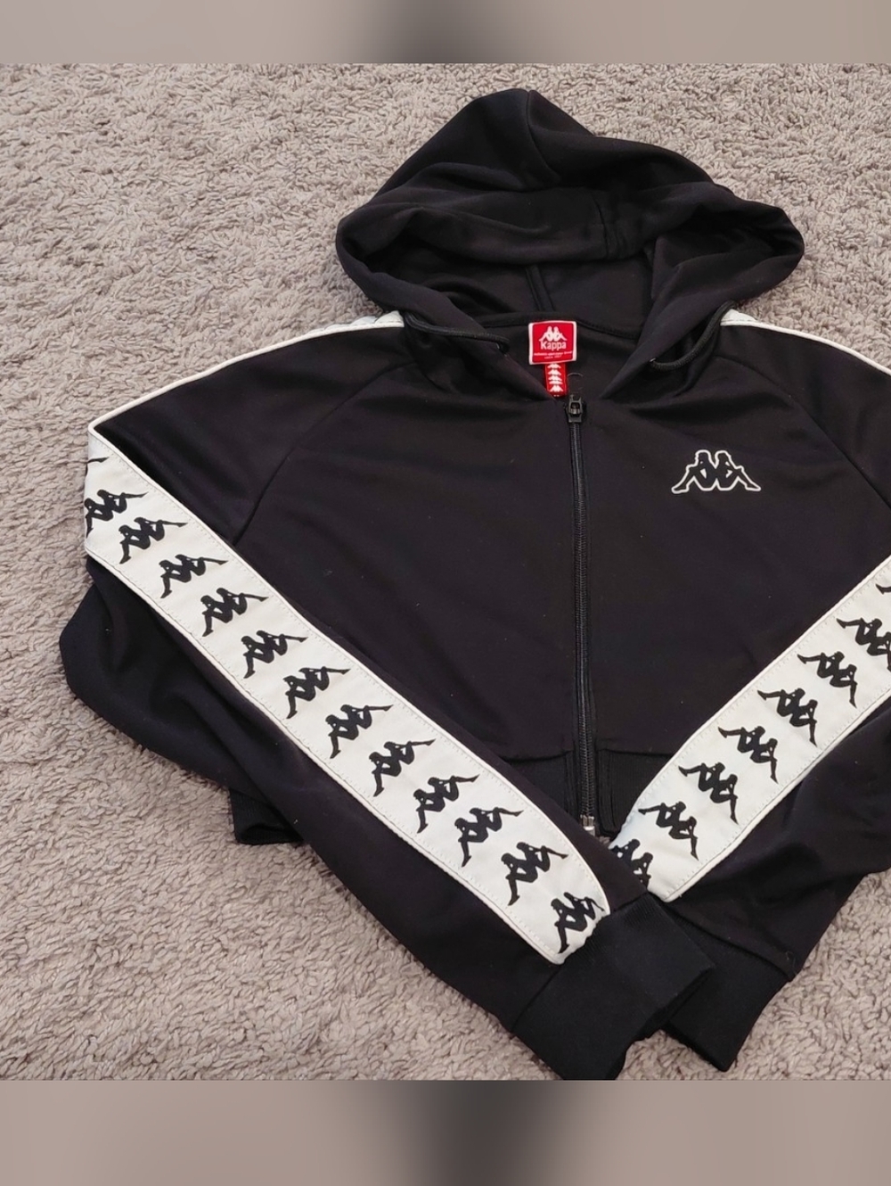 Kappa Black Cropped Hoodie with White Logo Tape